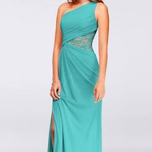 David's Bridal bridesmaid dress - One-Shoulder Mesh Dress with Lace Inset - Spa